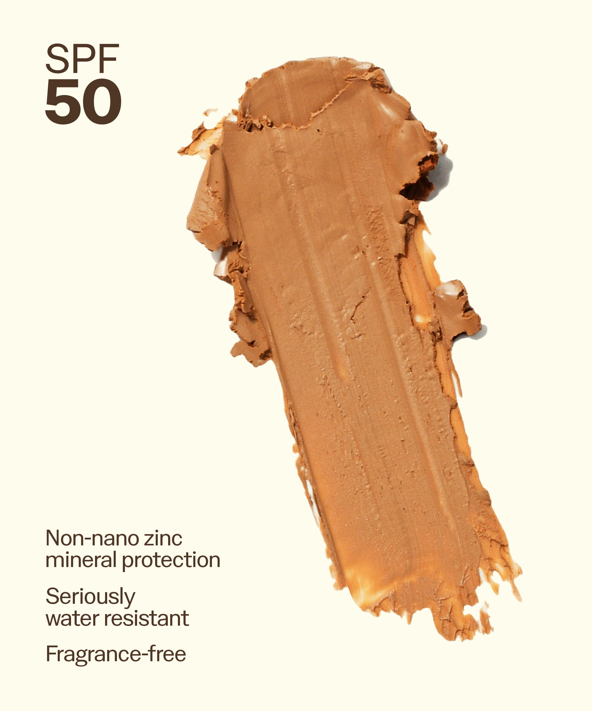 Brown sunscreen cream swatch with SPF 50 text on a white background