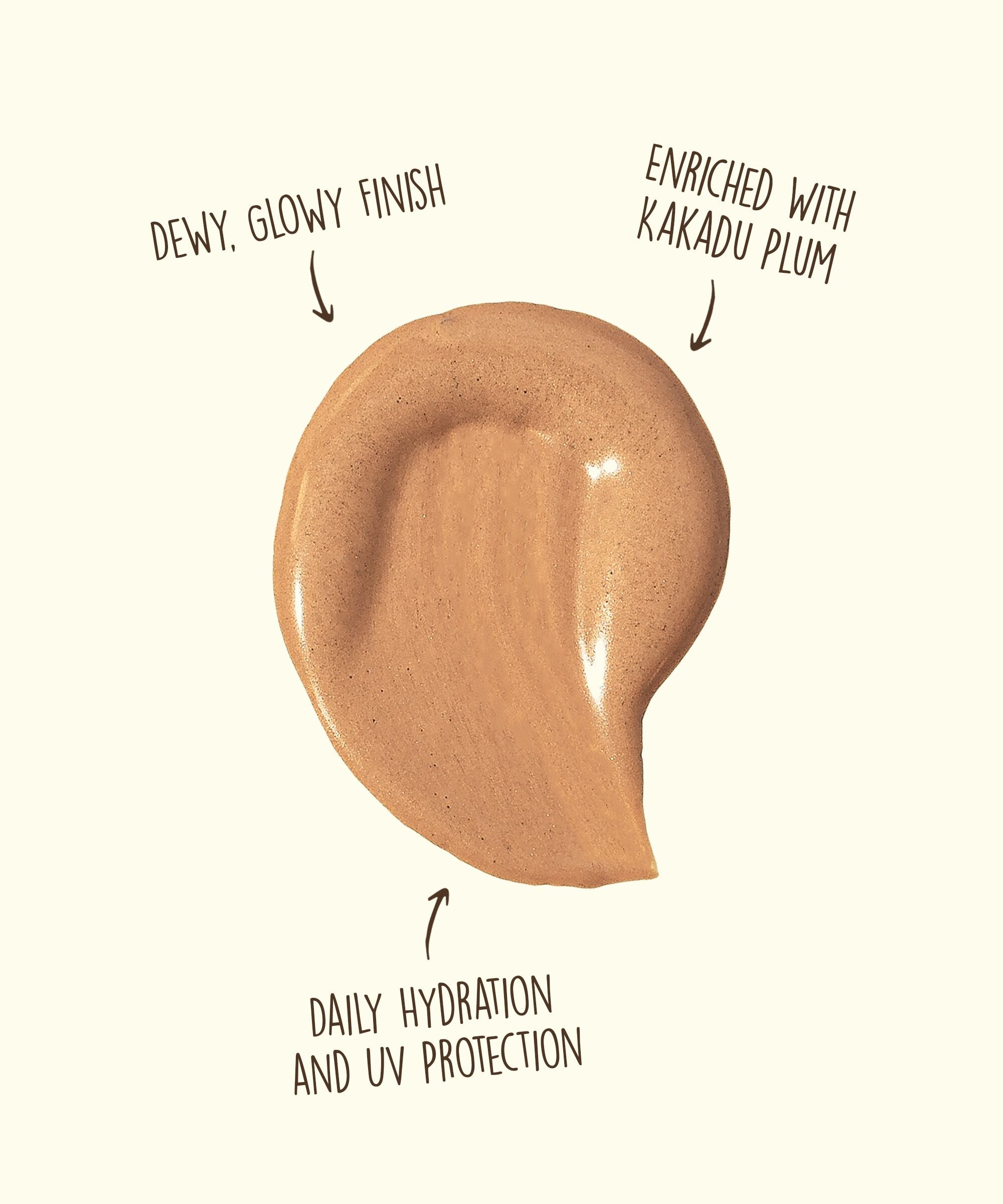 Brown cosmetic product swatch with text on a white background