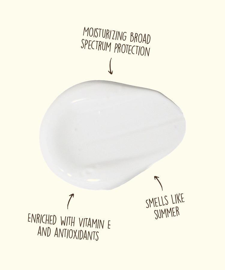 White cosmetic product with text highlighting its features on a light beige background