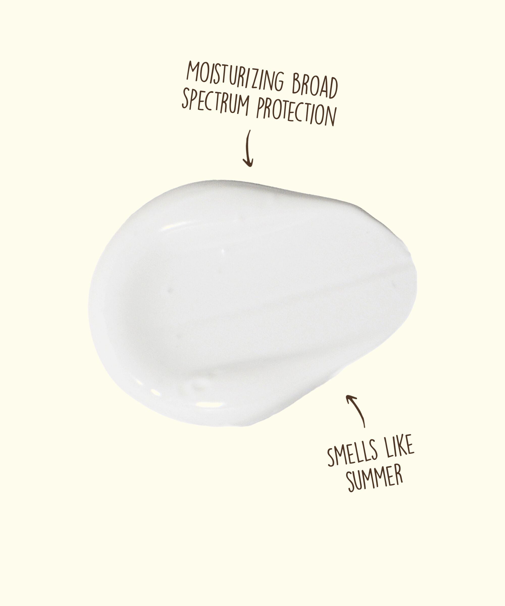 White cosmetic product with text indicating moisturizing, broad-spectrum protection, and a summer scent on a beige background.