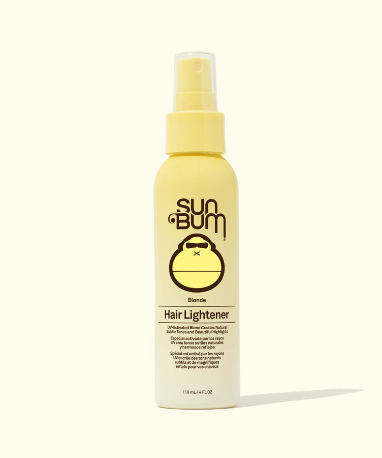 Sun Bum blonde hair lightener spray bottle on a white background