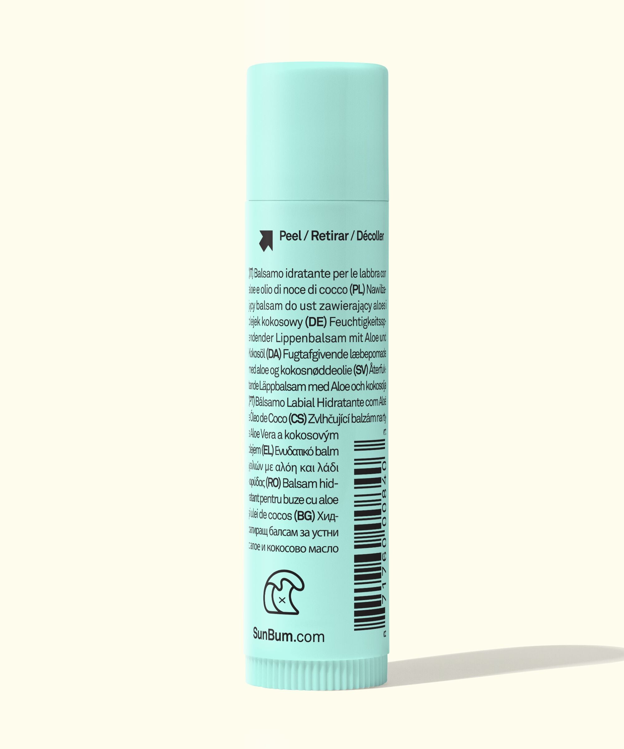 Lip balm tube with a light blue label on a white background
