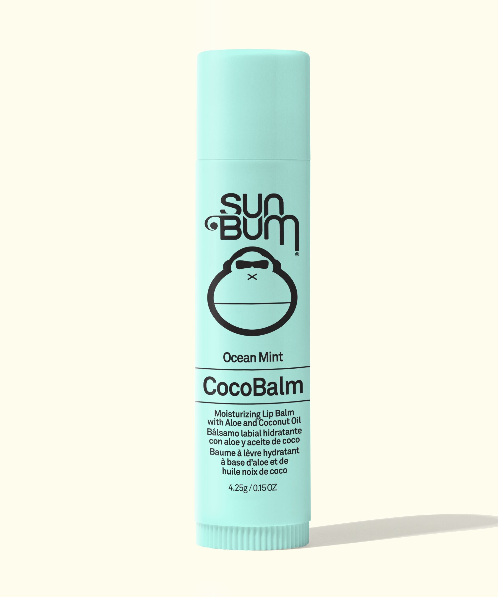 Sun Bum CocoBalm lip balm in Ocean Mint flavor on a white background