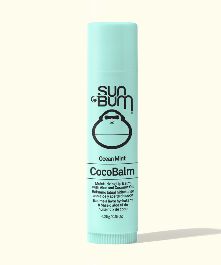 Sun Bum CocoBalm lip balm in Ocean Mint flavor on a white background