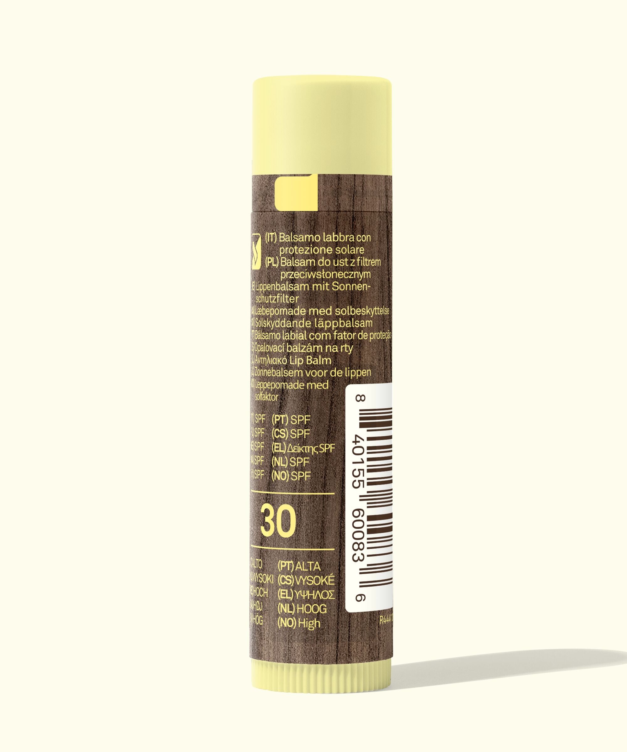 Lip balm with a label showing SPF 30 on a white background