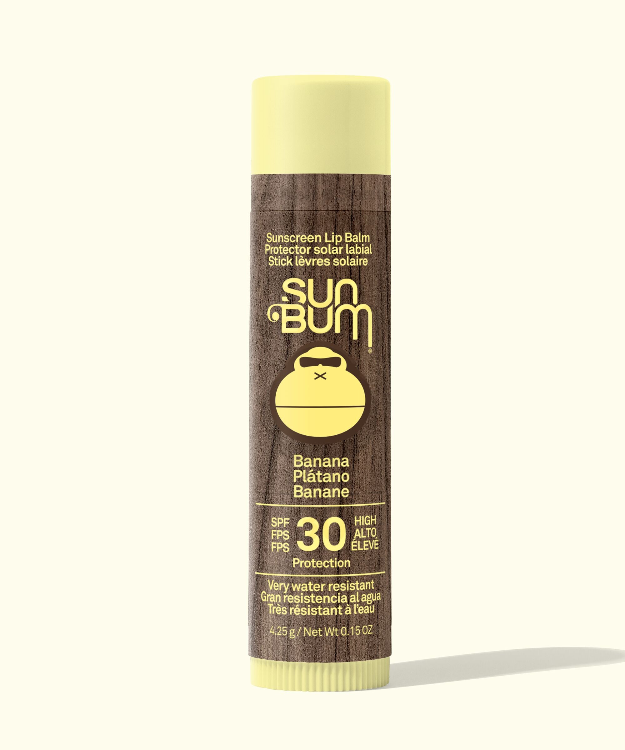 Sun Bum sunscreen lip balm tube on a white background