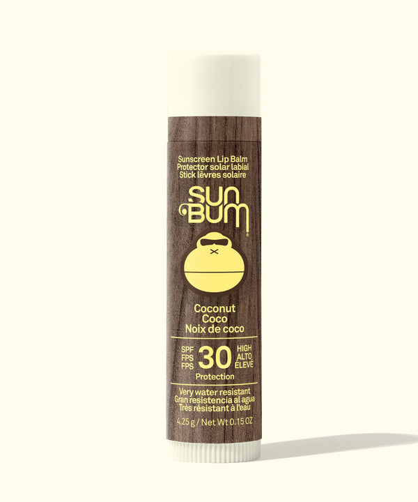 Sun Bum sunscreen lip balm tube on a white background