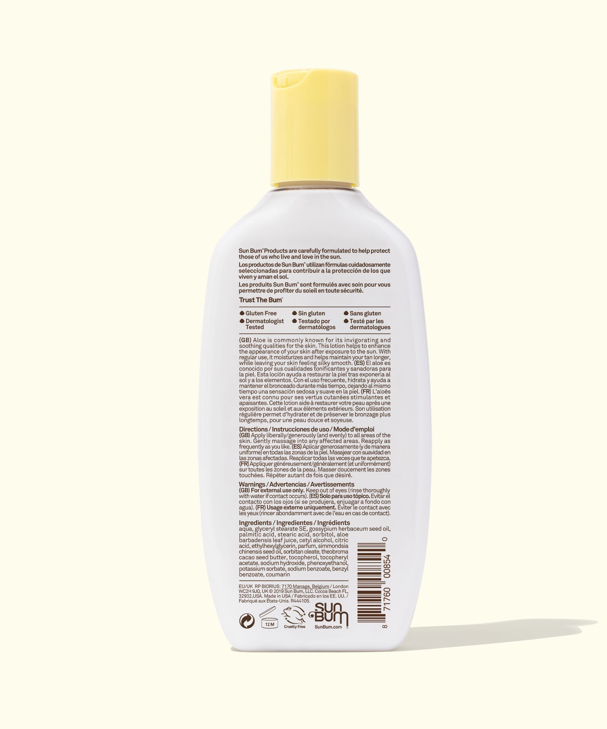 Bottle of Sun Bum sunscreen with a white label on a white background