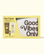 Day Tripper travel-sized sun care essentials set with a 'Good Vibes Only' mug.
