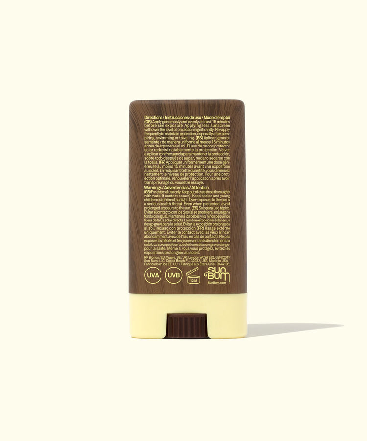 Sun Bum sunscreen stick with brown and beige design on a white background