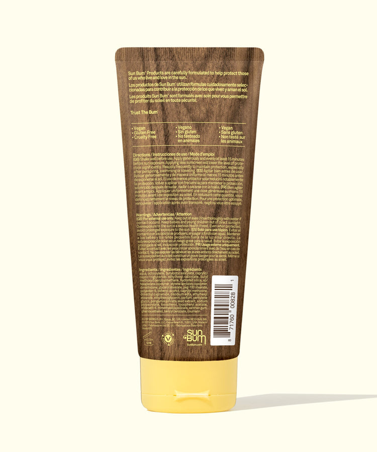 Sun Bum sunscreen tube with wooden-textured label on a white background