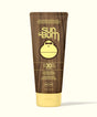 Sun Bum sunscreen tube with wooden design on a white background