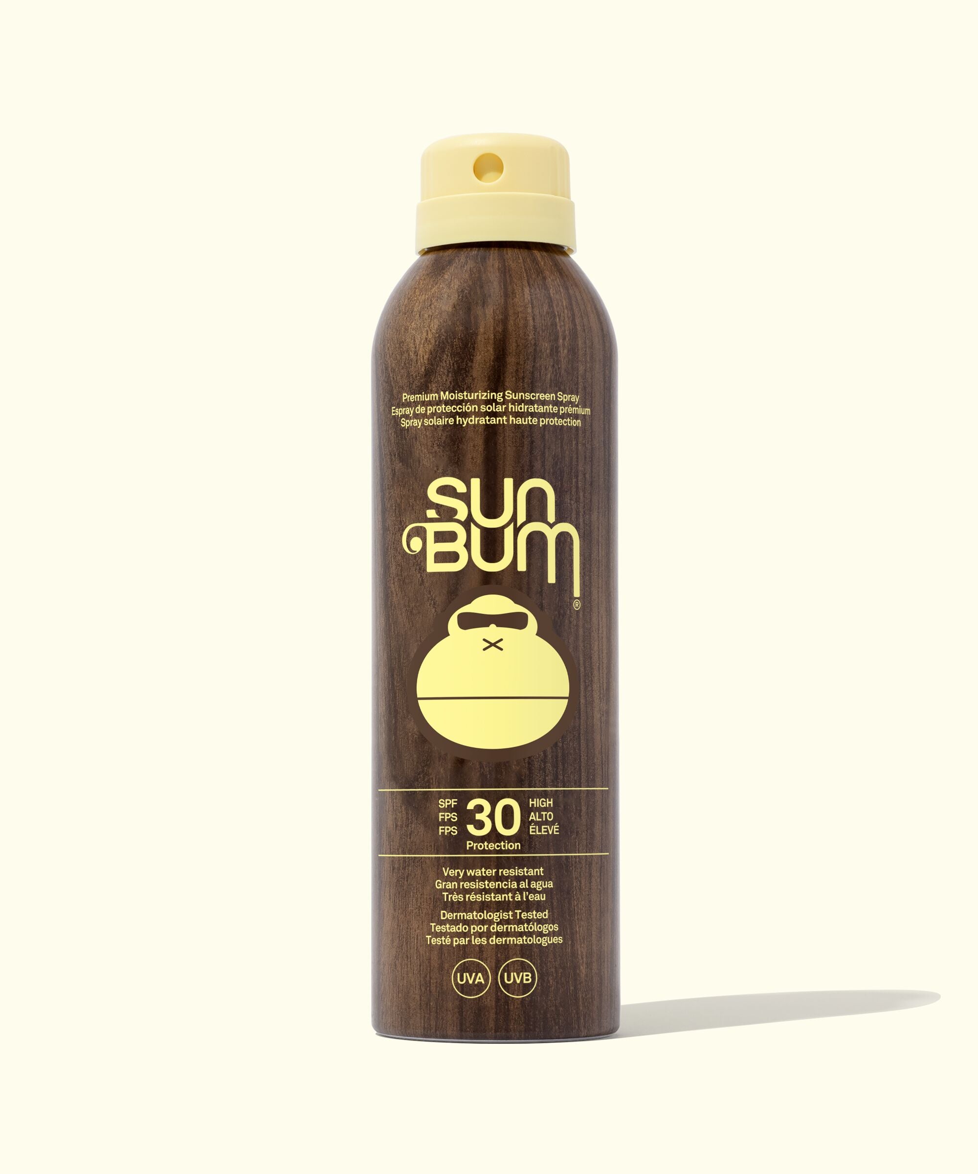 Sun Bum sunscreen spray bottle on a white background