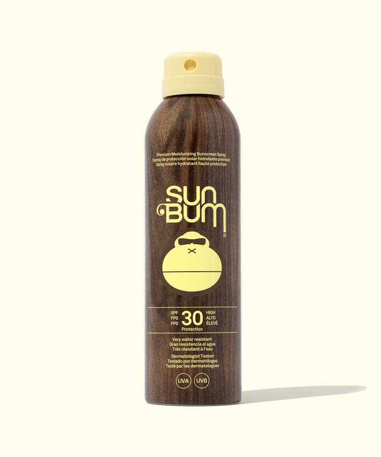 Sun Bum sunscreen spray bottle on a white background