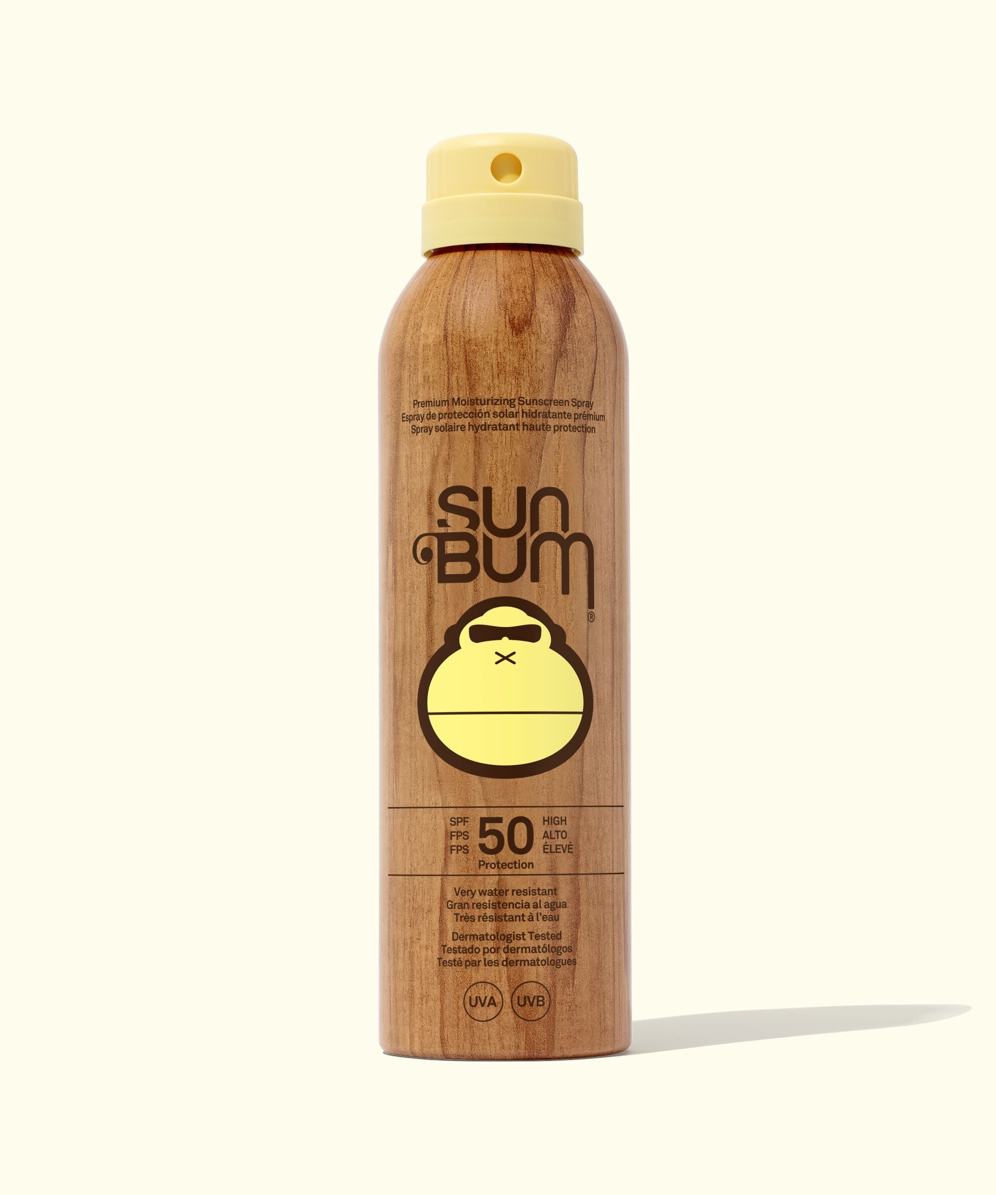 Sun Bum sunscreen spray bottle on a white background