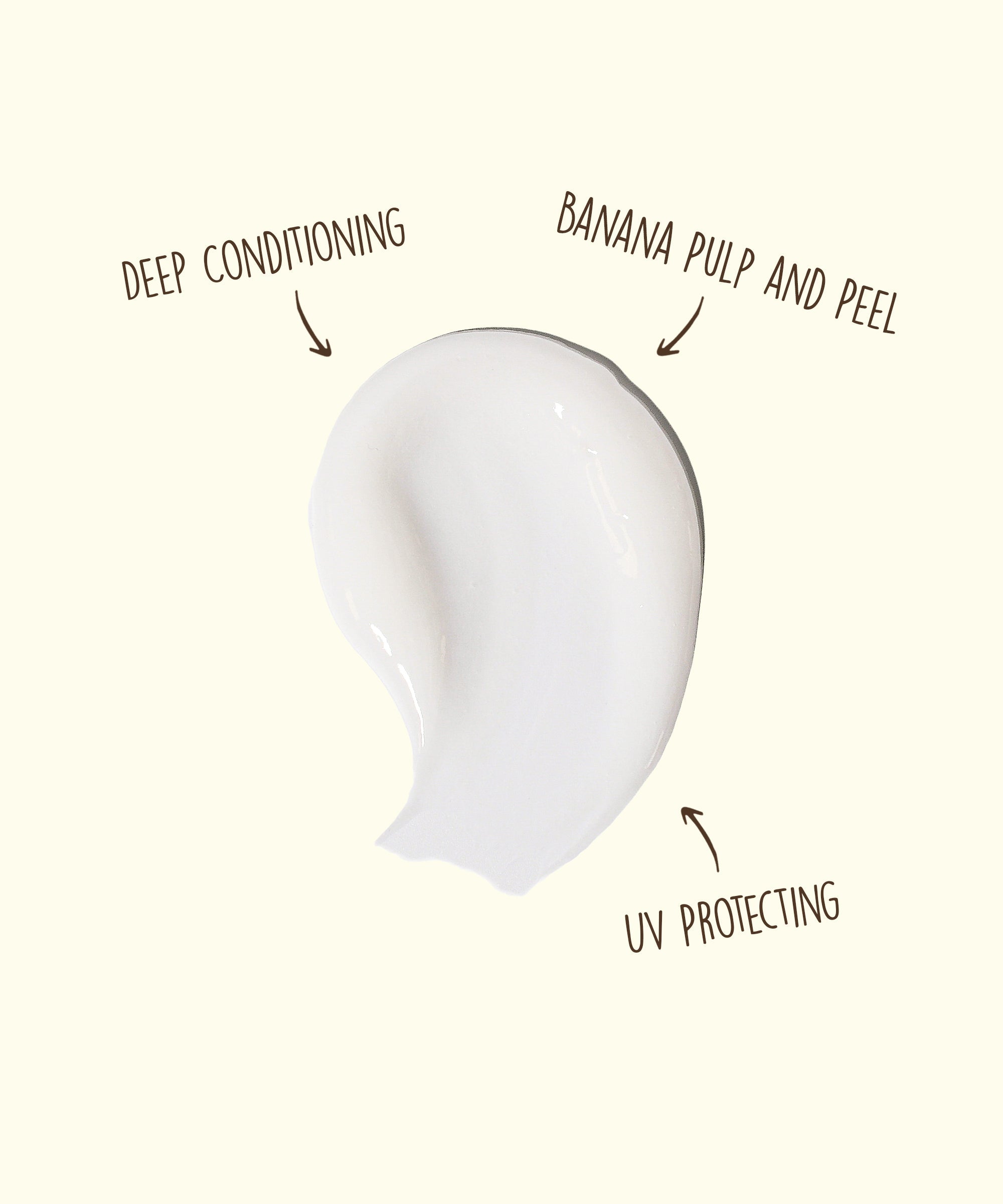 White hair mask with labeled benefits on a beige background