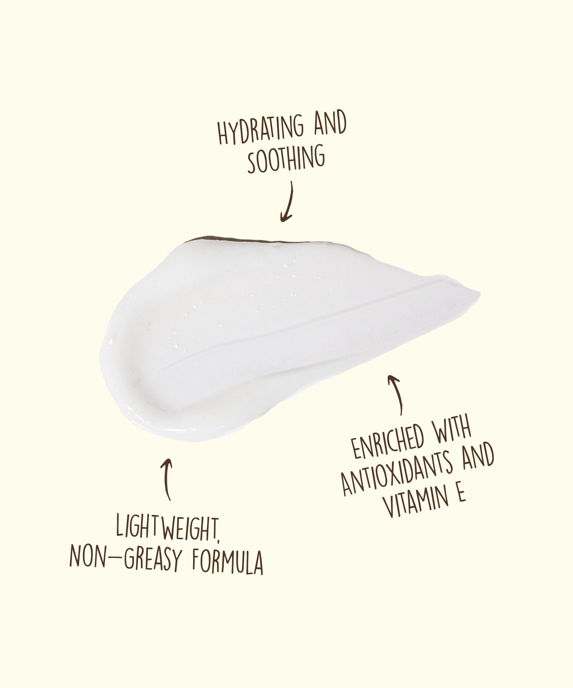 White cream swatch with text highlighting properties on a beige background