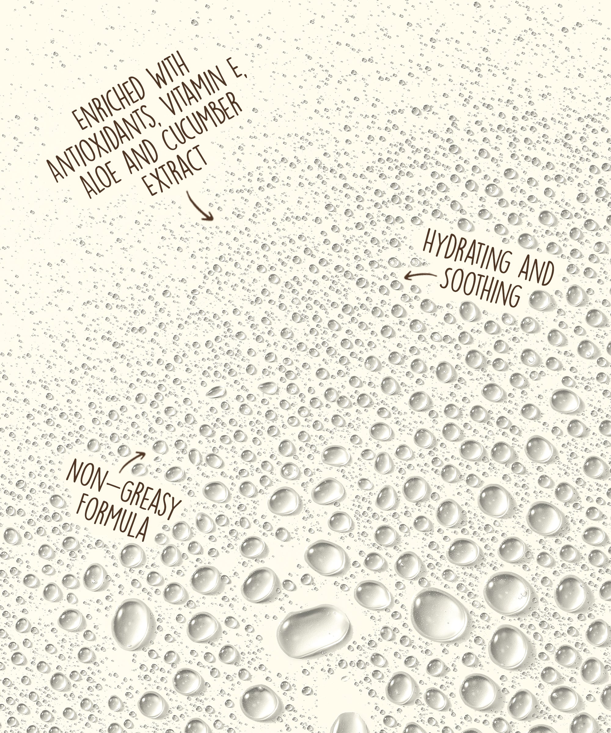 Text on a background with water droplets, describing product features.
