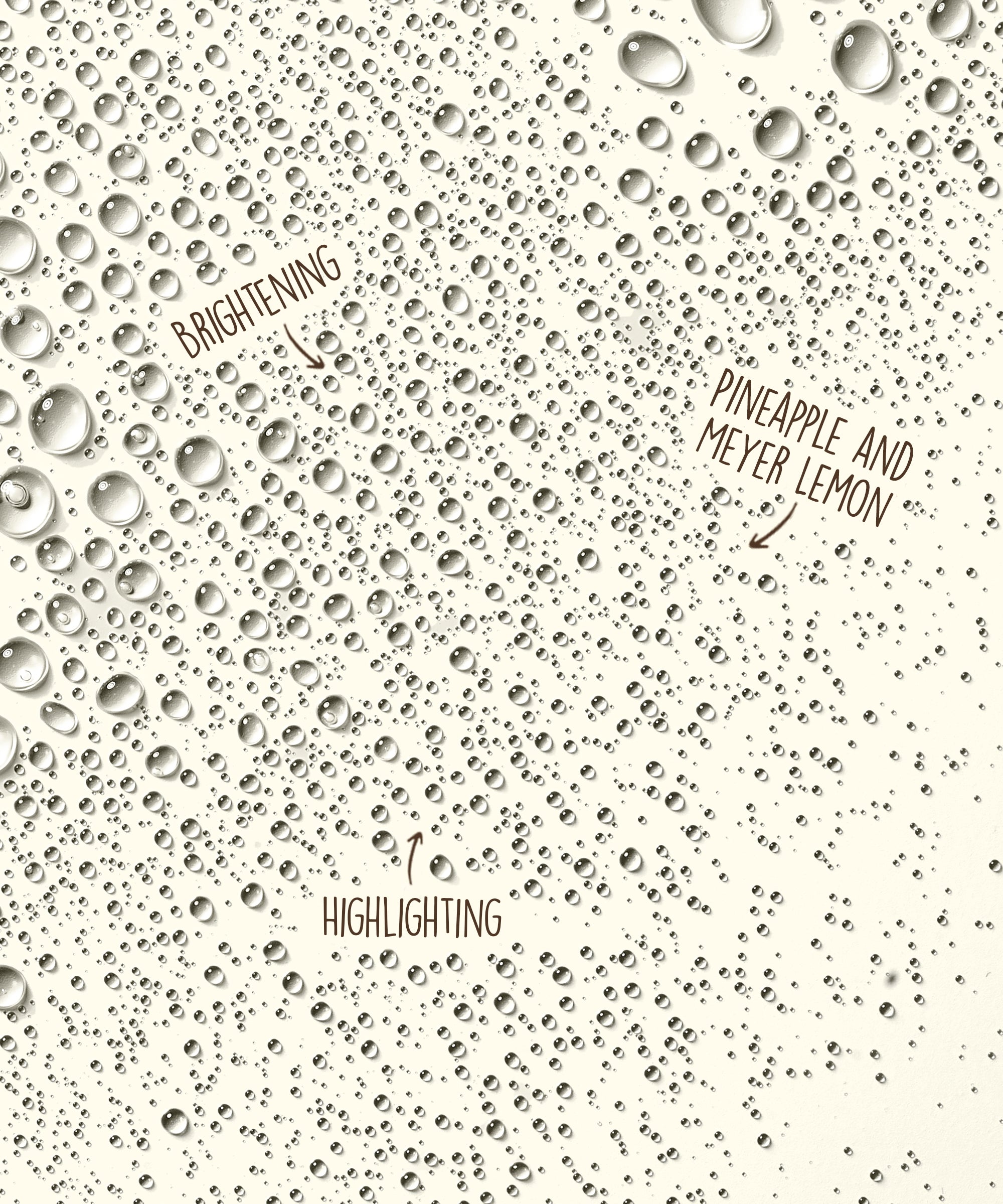 Pattern of water droplets on a textured surface with text overlay.