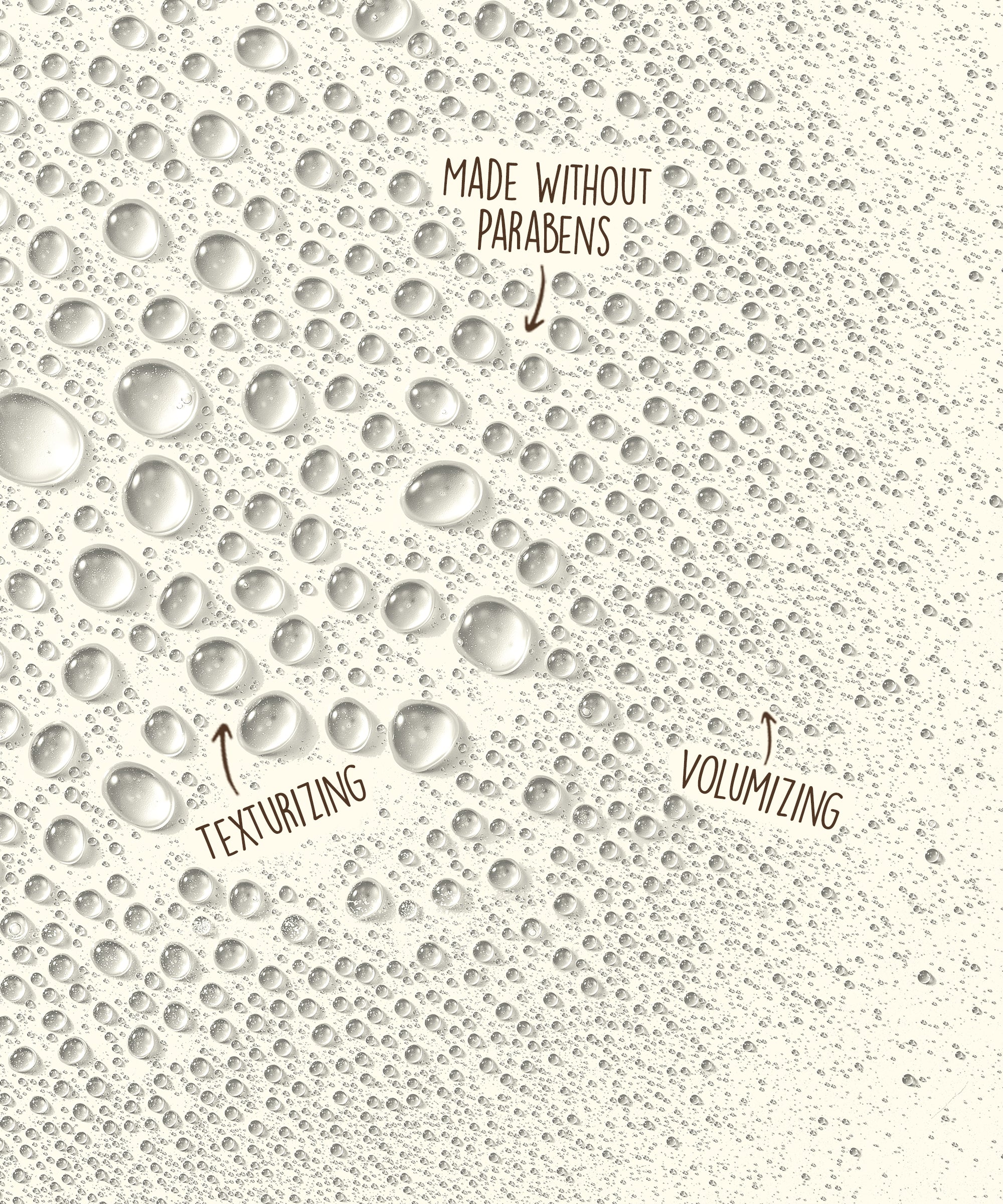 Bubbles with text indicating 'Made without parabens', 'Texturizing', and 'Volumizing' on a beige background.