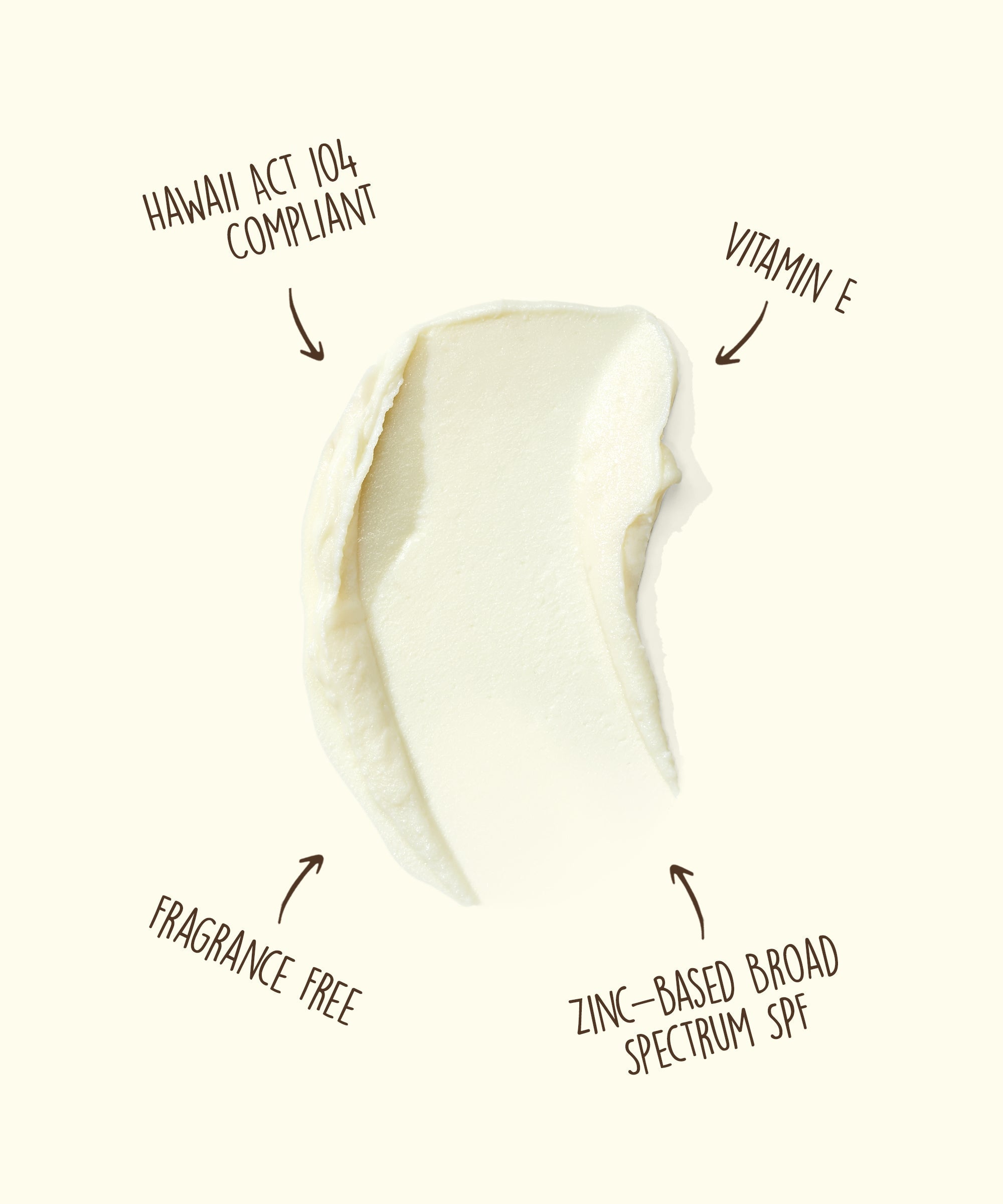 White cream swatch with text indicating features on a white background