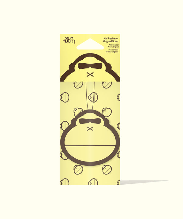Sun Bum Sonny mascot air freshener render on a cream background